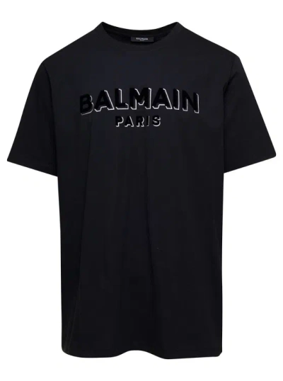 Balmain Stylish Noir/argent Flock & Foil T-shirt For Men In Black