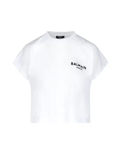Balmain 植绒logo短款棉质t恤 In White