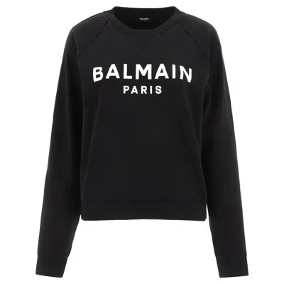 Balmain Flock Logo Print Cotton Sweatshirt In White