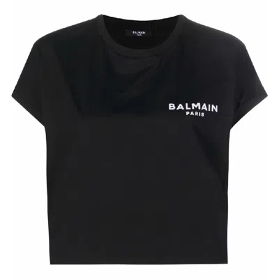 Balmain Flock Logo Print Cropped T Shirt In Multi
