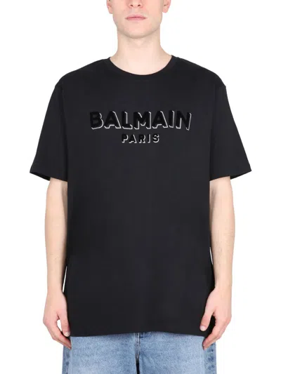 Balmain Flocked And Metallic Logo T-shirt In Black