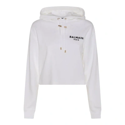 Balmain Blanc Flocked-logo Cropped Hoodie In White