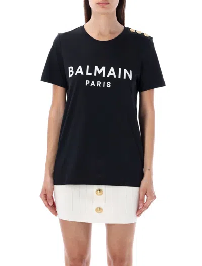Balmain Flocked Black T-shirt With Decorative Shoulder Buttons