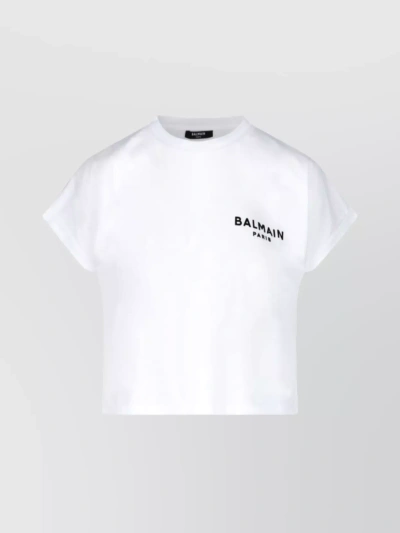 Balmain Flocked Cropped Crewneck T-shirt In White