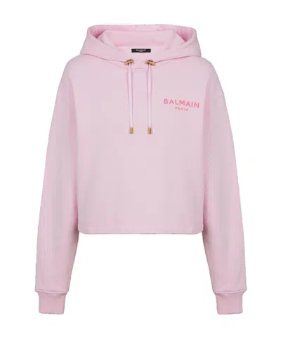 BALMAIN BALMAIN FLOCKED LOGO CROPPED HOODIE