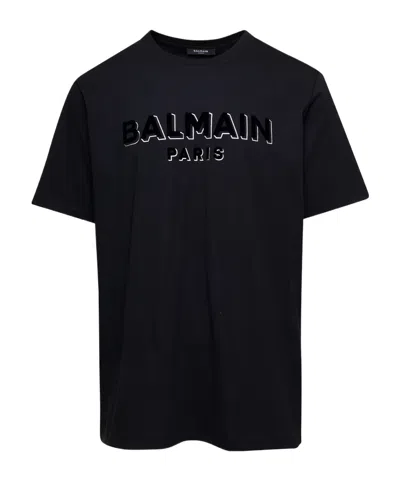 Balmain Flocked-logo Cotton T-shirt In Black