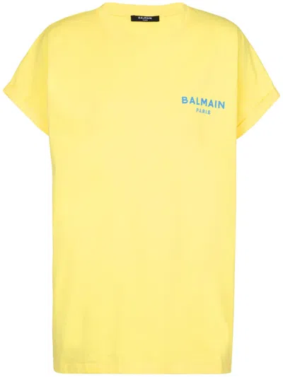 Balmain Flocked-logo Cotton T-shirt In Gelb