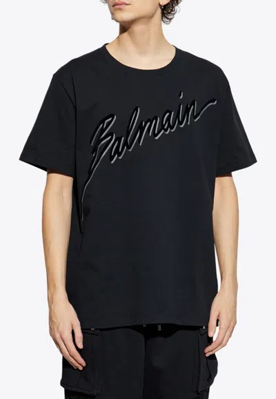 BALMAIN FLOCKED-LOGO CREWNECK T-SHIRT