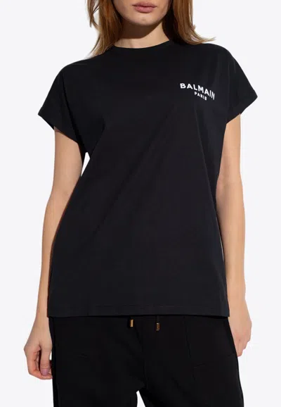Balmain Flocked Logo Crewneck T-shirt In Black