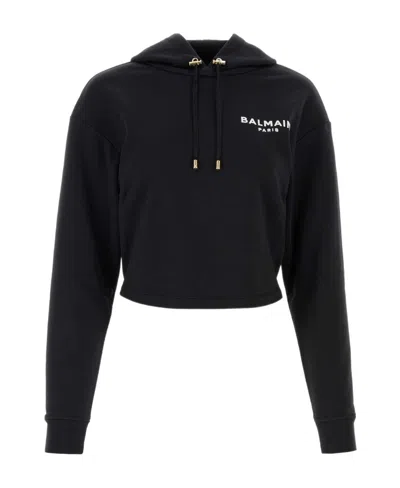 Balmain Flocked Logo Cropped Hoodie In Black