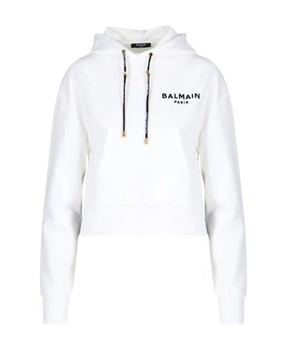 BALMAIN BALMAIN FLOCKED LOGO DRAWSTRING CROPPED HOODIE