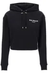 Balmain Flocked Logo Cropped Hoodie Sweatshirt In Black