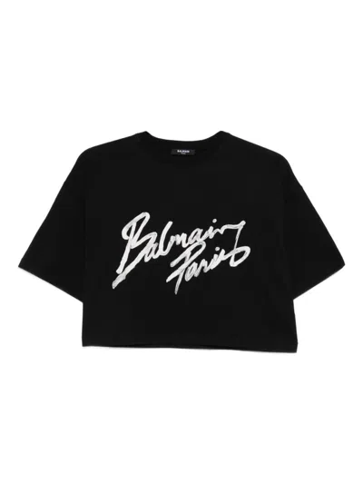 Balmain Flocked Logo Cropped T-shirt In Black