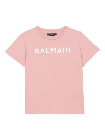 Balmain Kids' Flocked Logo-print T-shirt In Pink