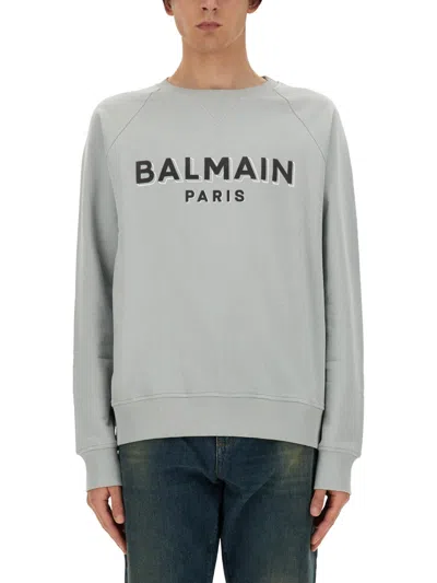 Balmain Regular Fit Flocked Logo Sweatshirt In Grey