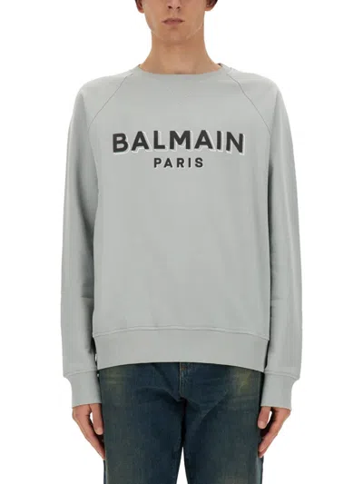 Balmain Regular Fit Flocked Logo Sweatshirt In Grey