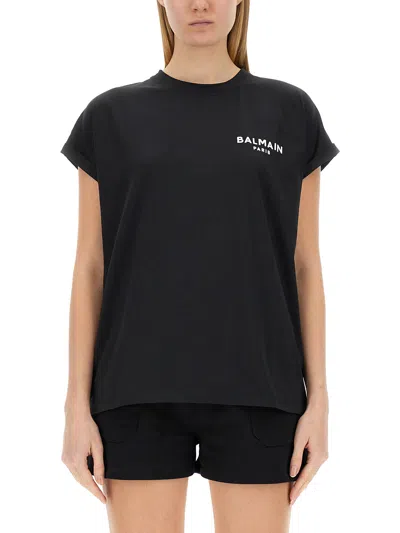 Balmain Flocked-logo Organic-cotton T-shirt In Black