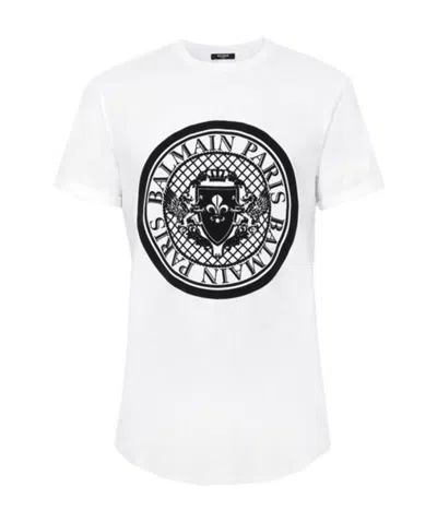 BALMAIN WHITE COTTON T-SHIRT WITH FLOCKED BLACK VELVET BALMAIN MEDALLION
