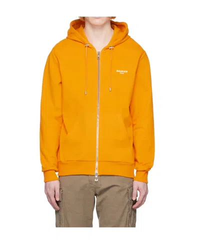 Balmain Flocking Hooded Zipper Hoodie In Orange