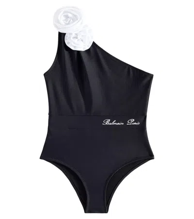 Balmain Kids' Floral-appliqué One-shoulder Swimsuit In Black