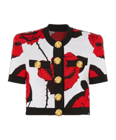 BALMAIN RED ROSES JACQUARD KNIT CARDIGAN