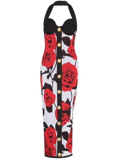 Balmain Jacquard-knit Halterneck Midi Dress In Red