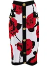 Balmain Rose Print Knit Pencil Skirt With Button Detail In White