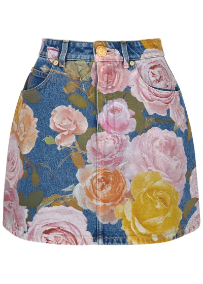 Balmain Rose Print Denim Mini Skirt In Blue
