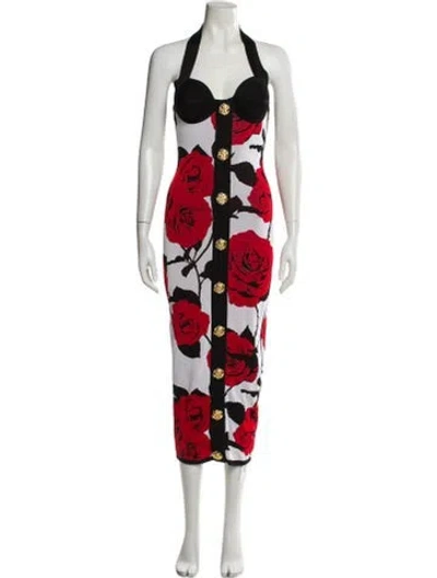Pre-owned Balmain Floral Print Long Dress In Red