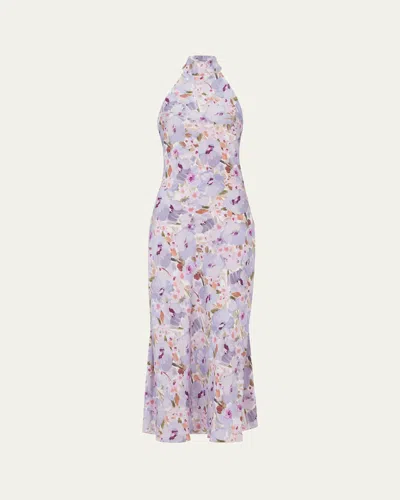Balmain Floral-print Silk Cowl Backless Midi Dress In Blue