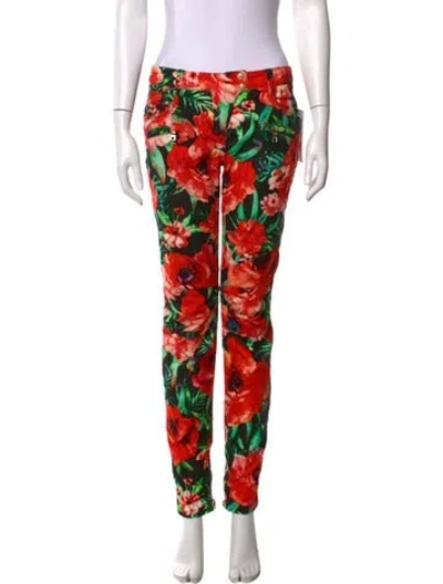 Pre-owned Balmain Floral Print Skinny Leg Pants In Black