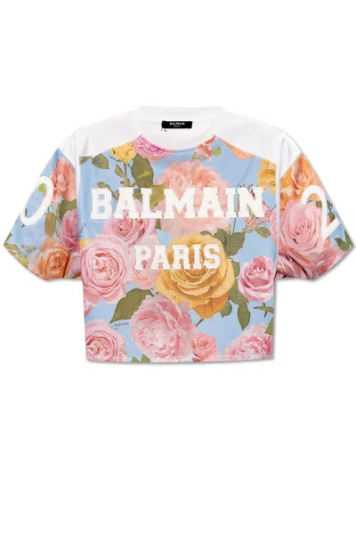 Balmain Floral Printed Cropped Top In Multicolor