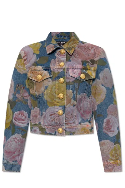 Balmain Rose-print Denim Jacket In Blue