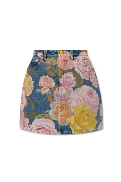 Balmain Floral Printed Denim Skirt In Multi