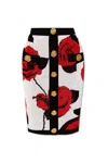 Balmain Rose Print Knit Pencil Skirt With Button Detail In Blanc/noir/rouge