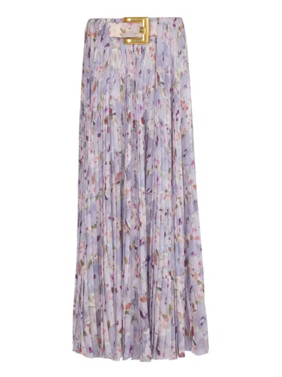 Balmain Flower-print Pleated Skirt In Purple