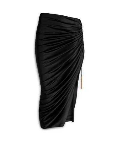 Balmain Flowing Jersey Midi Skirt With Slit In Black
