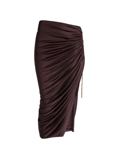 Balmain Flowing Jersey Midi Skirt With Slit In Brown