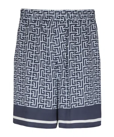 Balmain Flowing Monogrammed Shorts In Blue