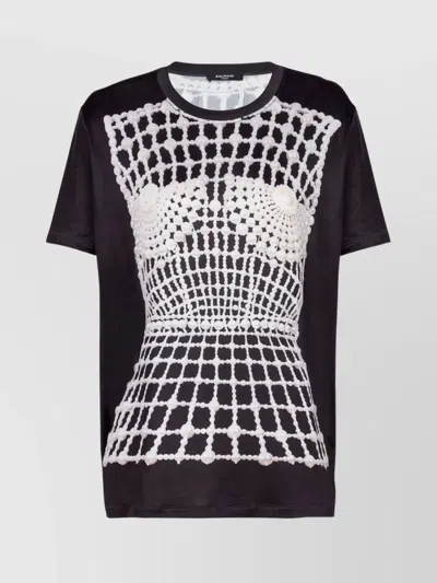 BALMAIN FLOWING T-SHIRT WITH TROMPE-L'ŒIL PRINT AND EMBROIDERY