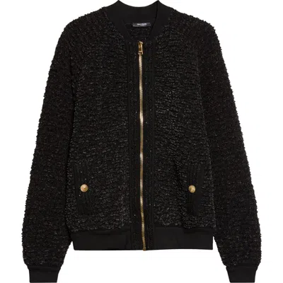 Balmain Fluffy Wool & Cotton Blend Tweed Jacket In Black