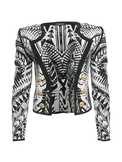 Pre-owned Balmain Folkloric-jacquard Open-front Blazer In White