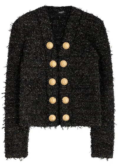Balmain Frayed Bouclé Tweed Jacket In Black