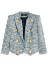 Balmain Spencer Button-embellished Frayed Cotton-blend Tweed Blazer In Blue