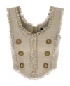 Balmain Beige Crop Top In Linen And Silk With Fringes In Nude