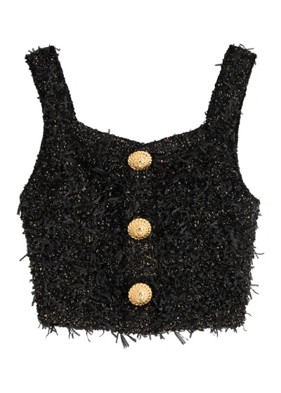 BALMAIN BALMAIN FRAYED CROPPED BOUCLÉ TWEED TOP