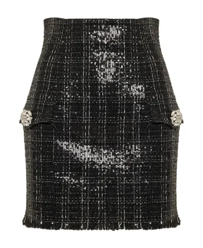 Balmain Frayed Hem Sequinned Tweed Miniskirt In Black