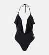 Balmain Ruffled Halterneck Swimsuit In Black
