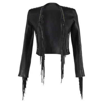 Balmain Fringe Cropped Jacket In Black Leather