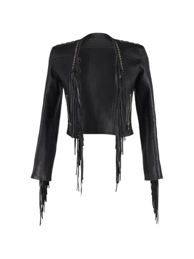 Pre-owned Balmain Fringe Cropped Leather Jacket In Black
